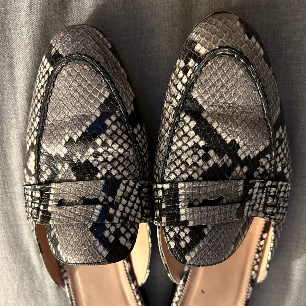 J Crew Black White Academy Snakeskin Embossed Penny Loafer Mule